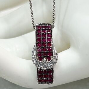 Ruby White Zircon Sterling Silver Buckle Pendant 20” Necklace
